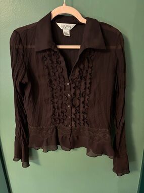 Allison Taylor Dark Brown Ruffle-Front Lace Hem Blouse